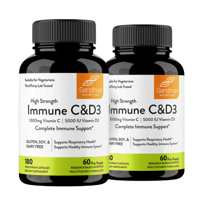 Two bottles of Sandhus Nutrition Immune C&D3 supplements on a white background