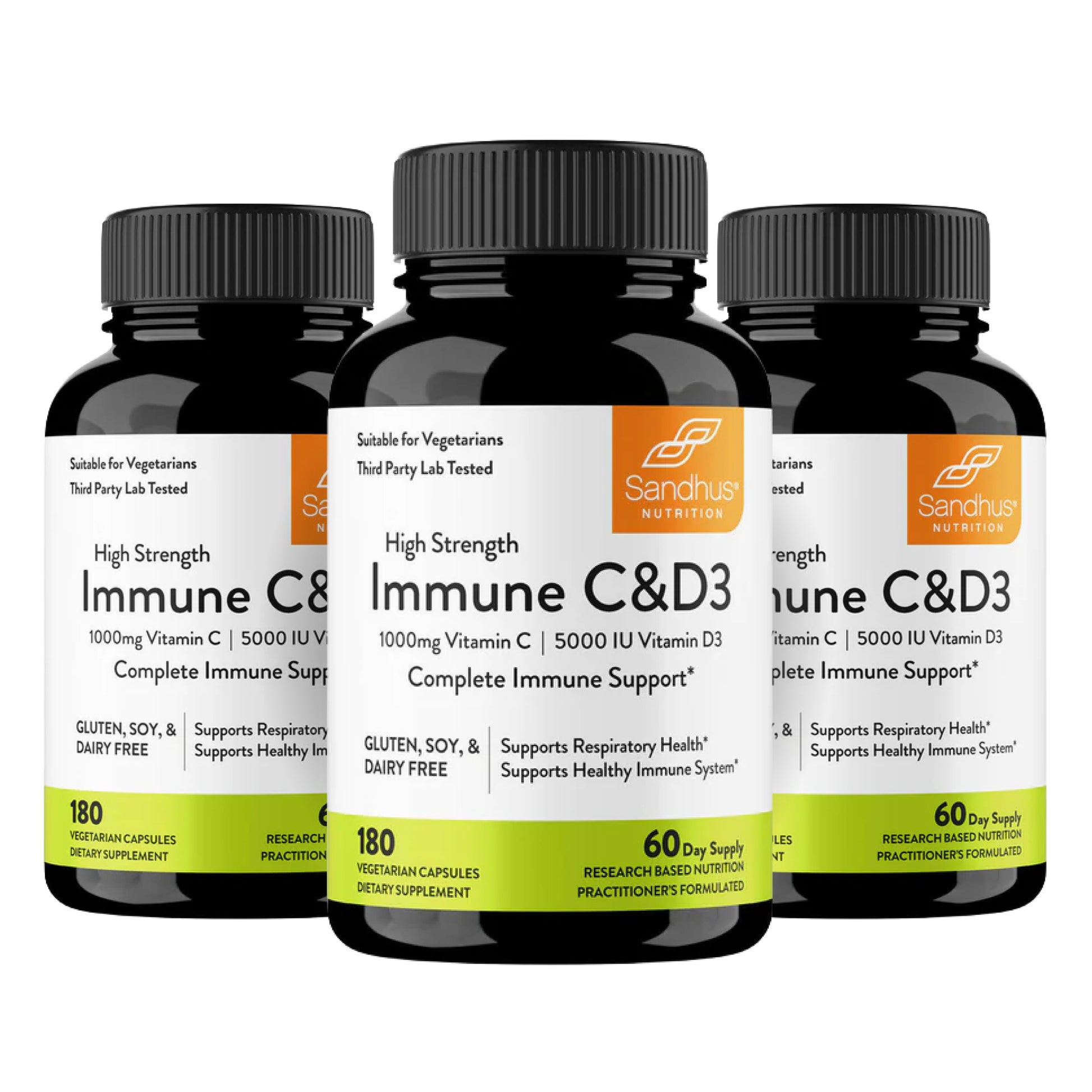 Three bottles of Sandhus Nutrition High Strength Immune C&D3 supplements on a white background