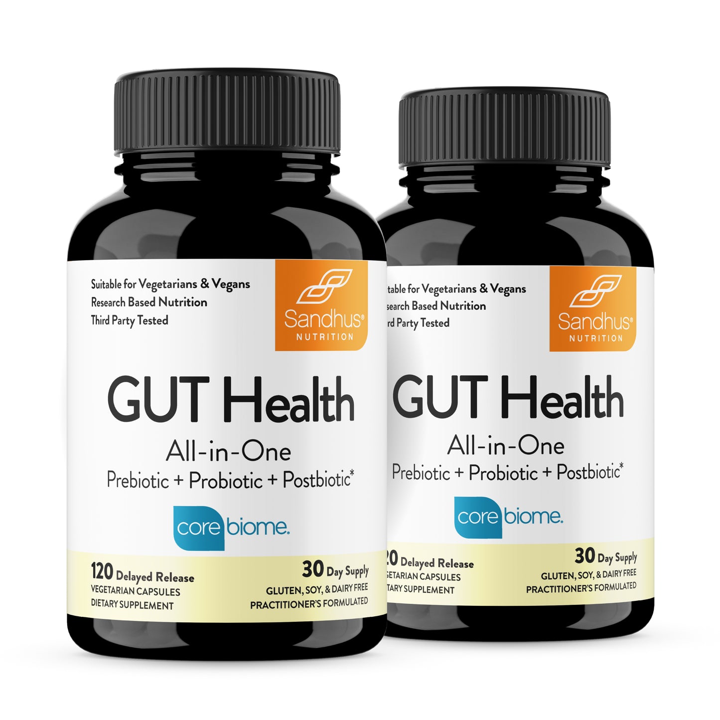 Two bottles of Sandhus Nutrition Gut Health supplement on a white background