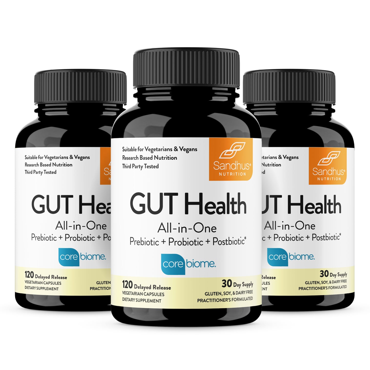 Three bottles of Sandhus GUT Health All-in-One supplement on a white background