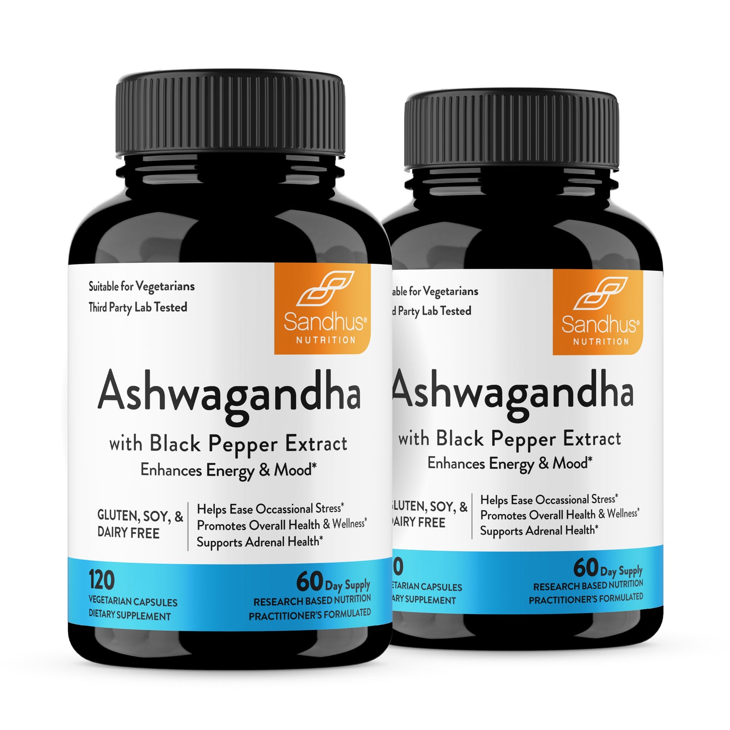 Two bottles of Sandhus Nutrition Ashwagandha with Black Pepper Extract on a white background