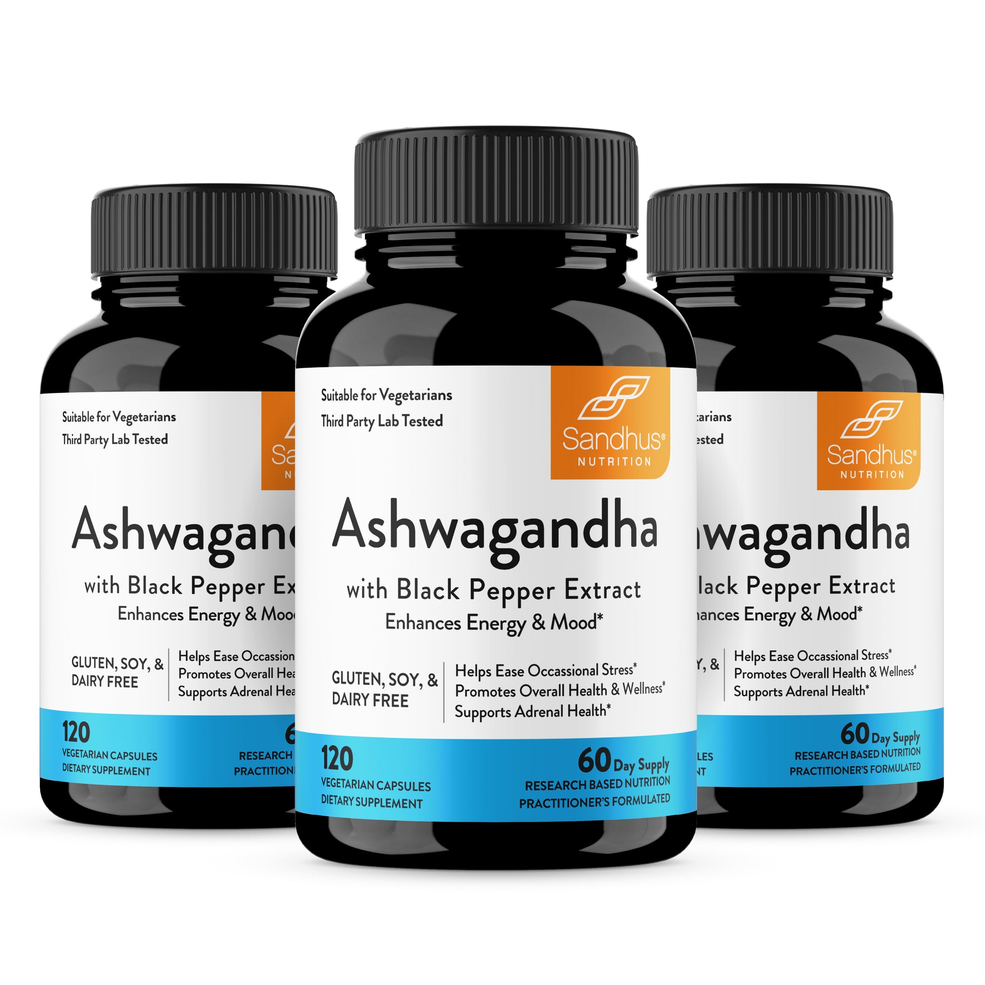 Three bottles of Sandhus Nutrition Ashwagandha supplement on a white background