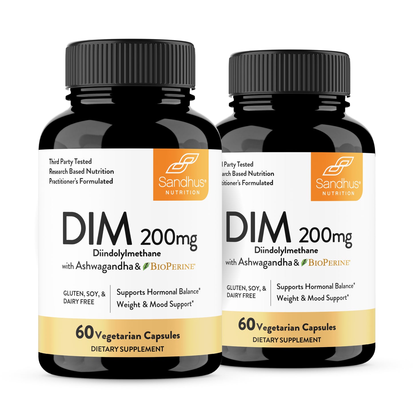 Two bottles of Sandhus DIM 200mg dietary supplements on a white background