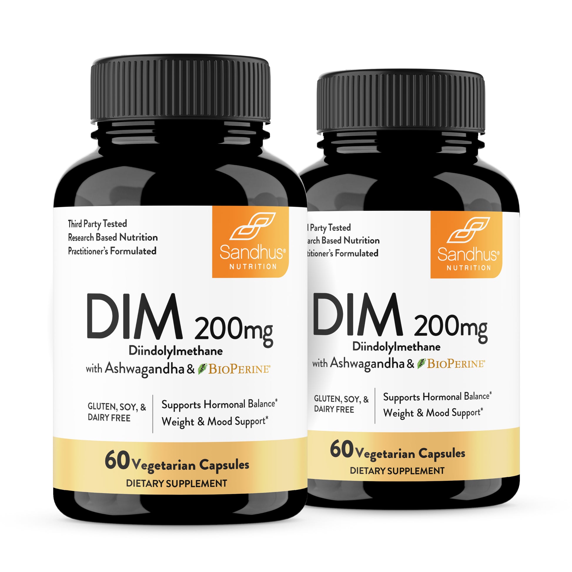 Two bottles of Sandhus DIM 200mg dietary supplements on a white background