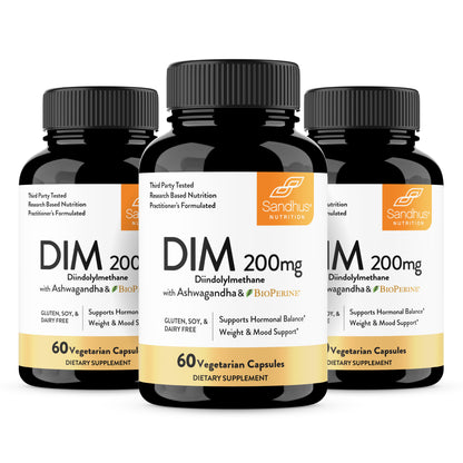 Three bottles of Sandhus DIM 200mg dietary supplements on a white background