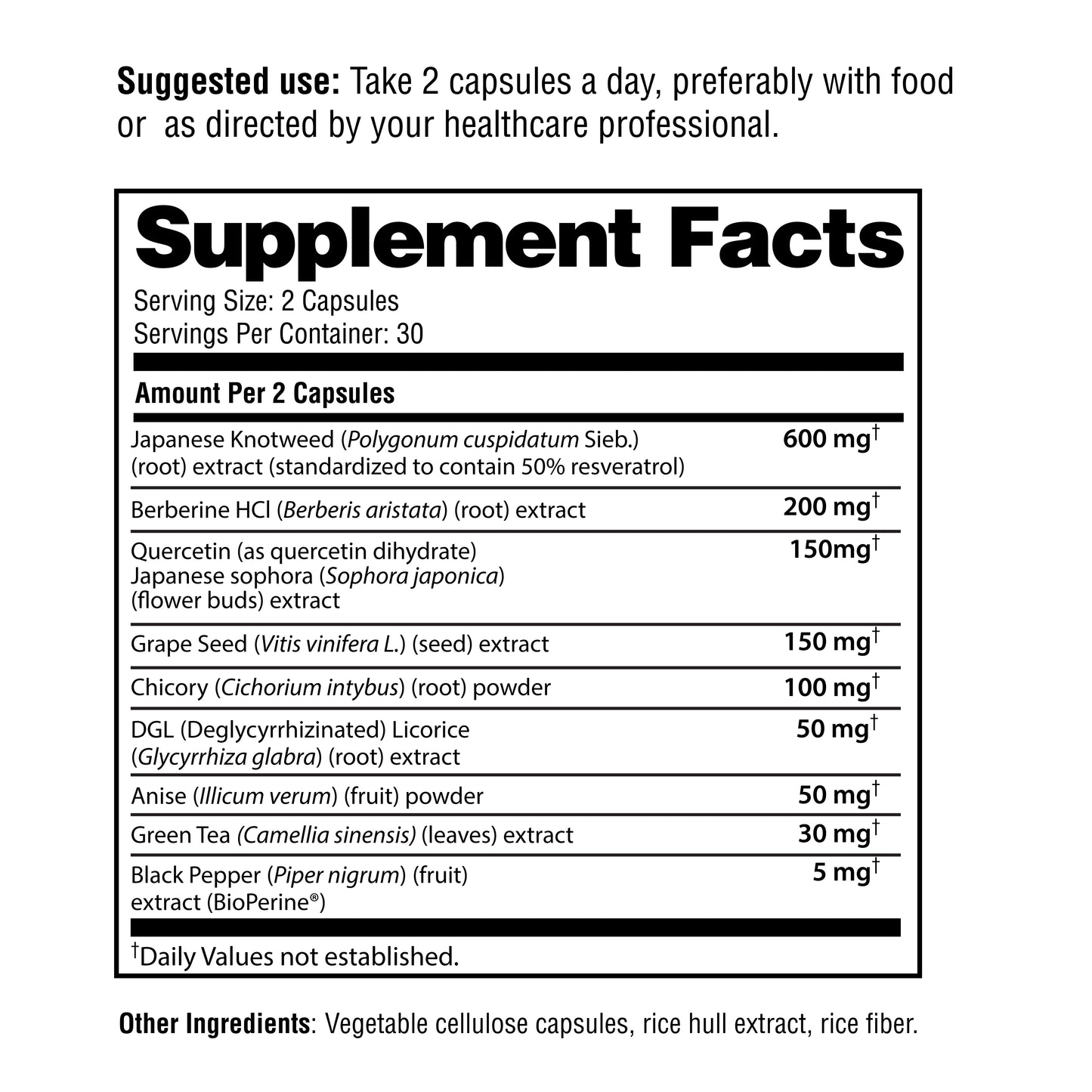Supplement facts label with detailed ingredient list and suggested use on a white background