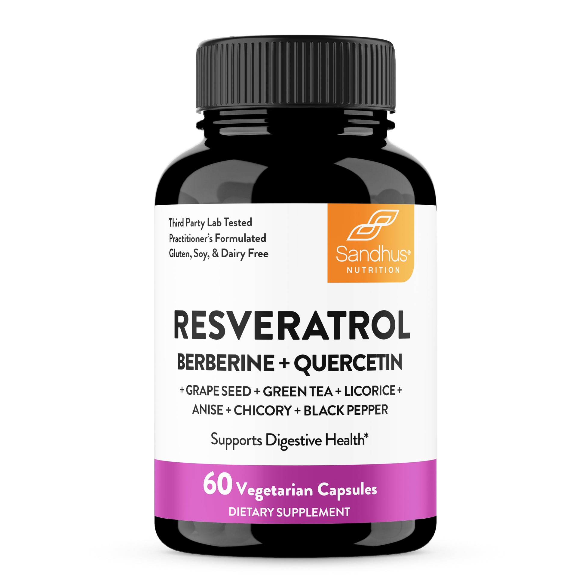 A black plastic bottle of Sandhus Nutrition Resveratrol dietary supplement with a white label and purple and orange accents, containing 60 vegetarian capsules.