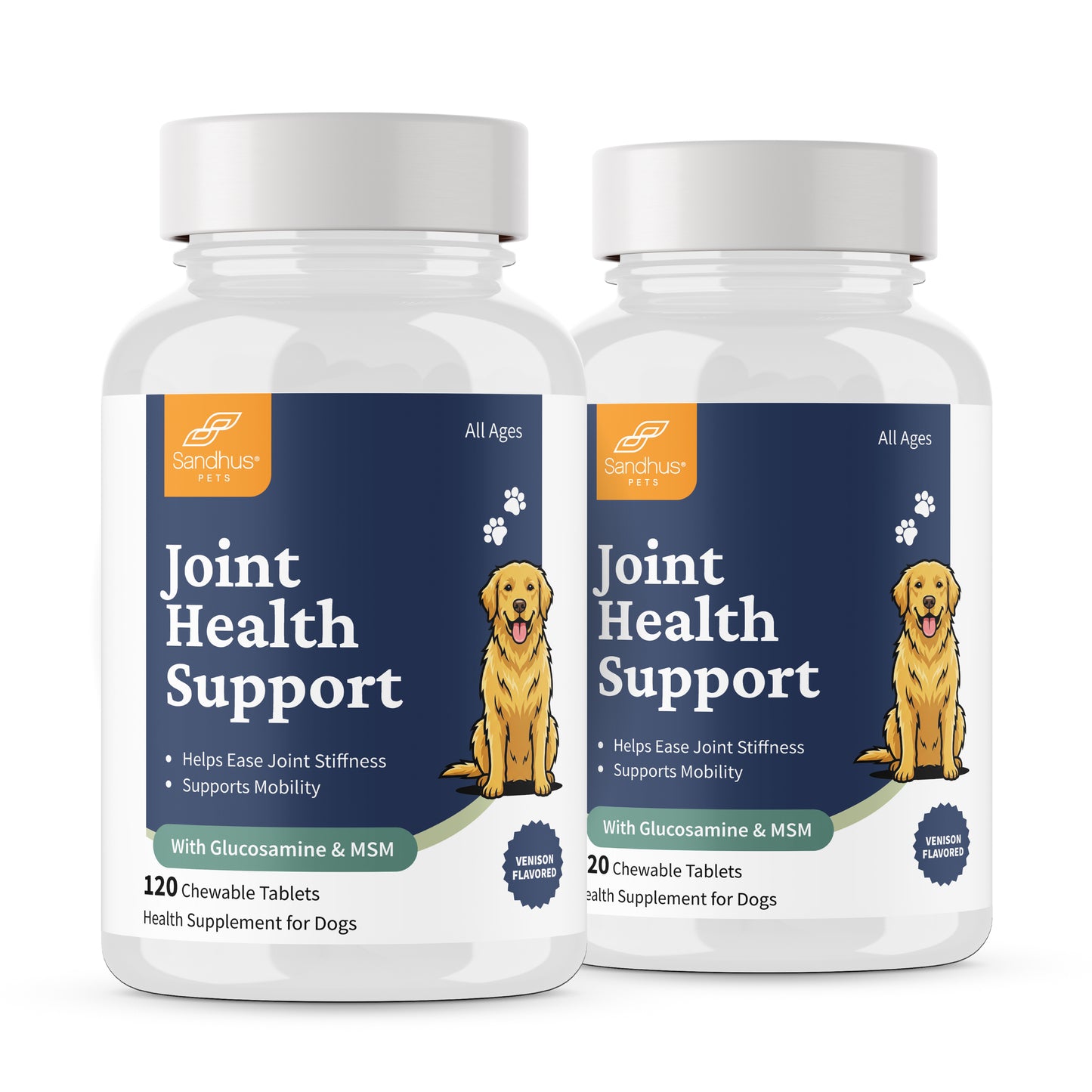Two bottles of Sandhu Pet Care Joint Health Support for dogs on a white background