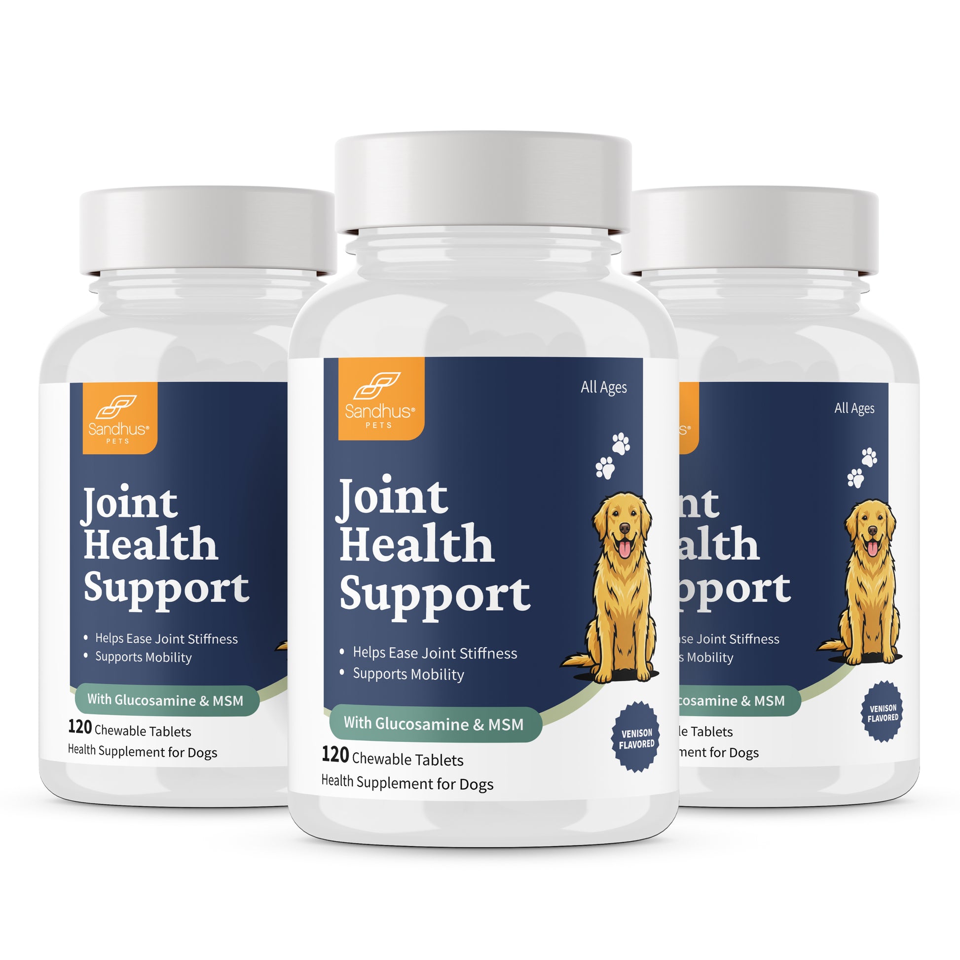 Three bottles of 'Joint Health Support' for dogs on a white background