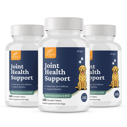 Three bottles of 'Joint Health Support' for dogs on a white background