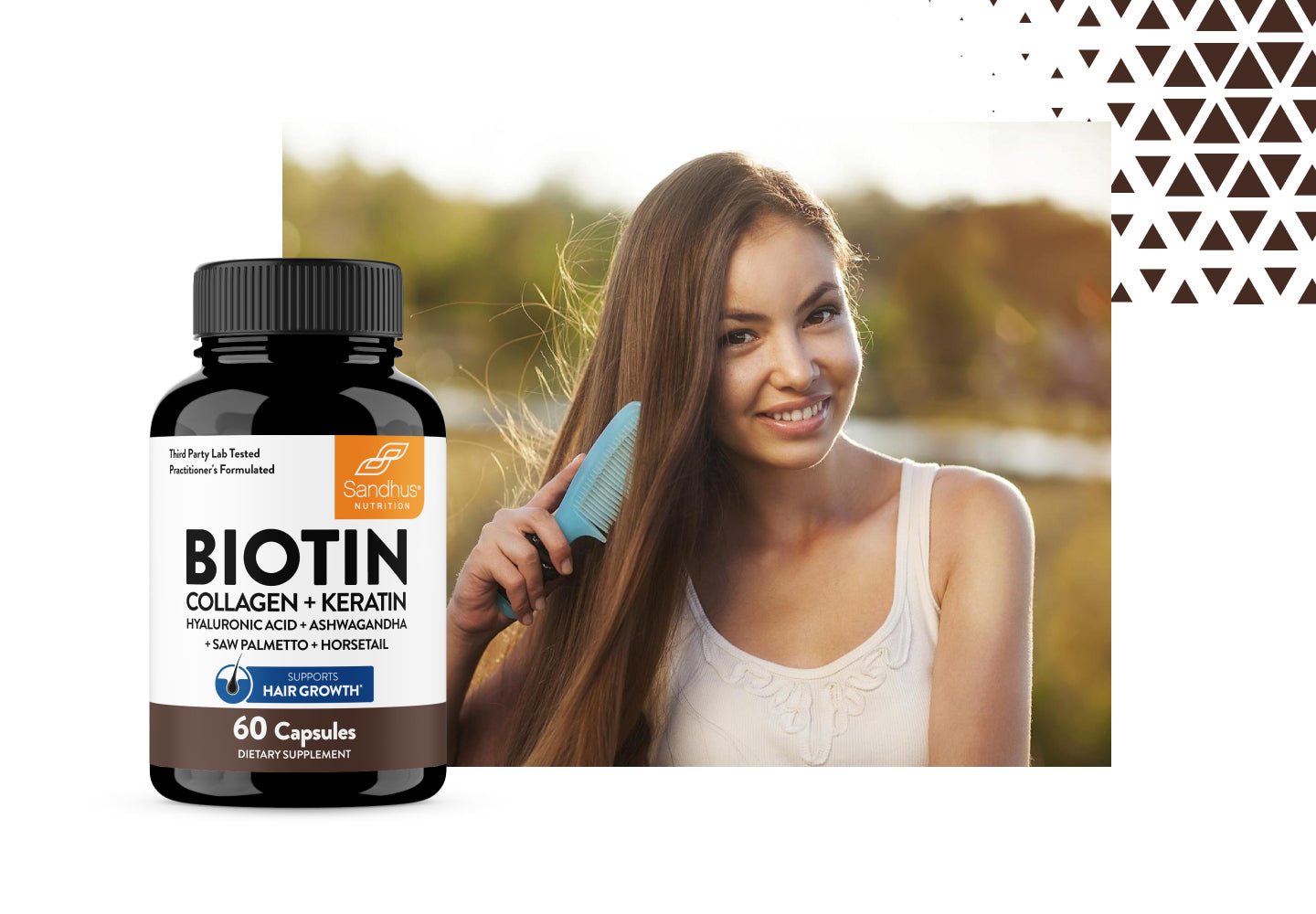 Biotin supplement bottle with a woman brushing her hair in the background