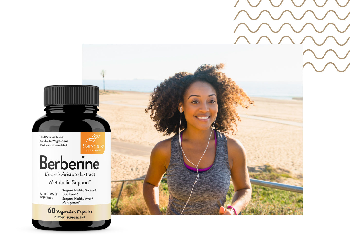 Supplement bottle labeled 'Berberine' with a woman exercising outdoors.