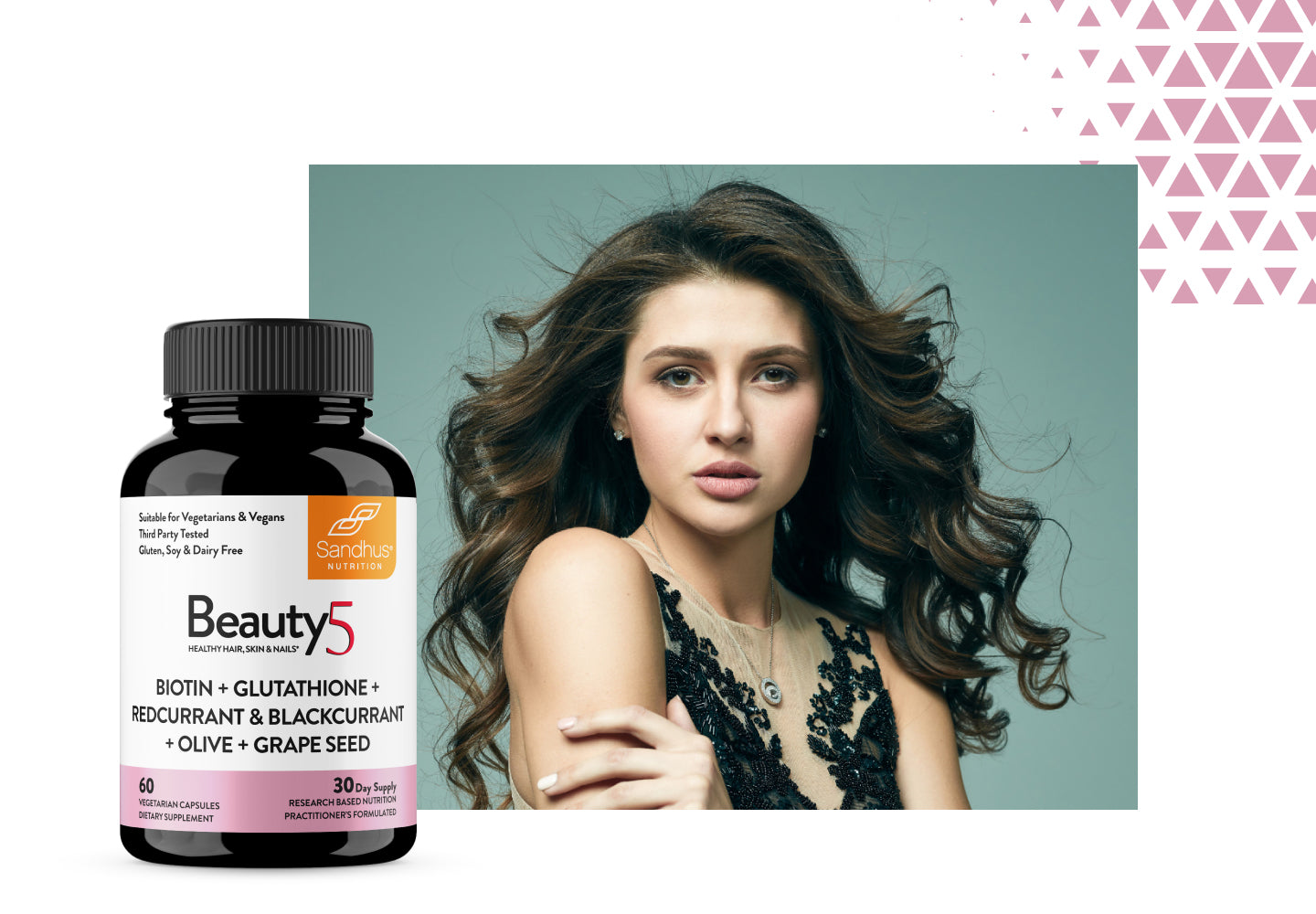 Supplement bottle labeled 'Beauty5' next to a woman with long hair on a light green background