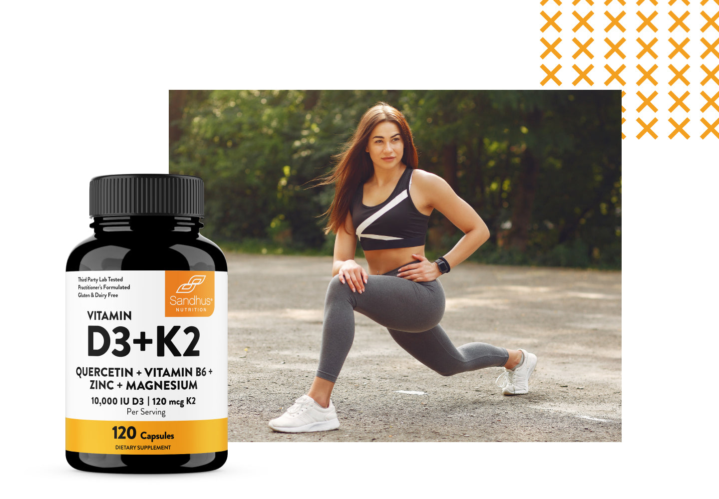 Supplement bottle labeled 'Vitamin D3+K2' with a woman exercising outdoors.