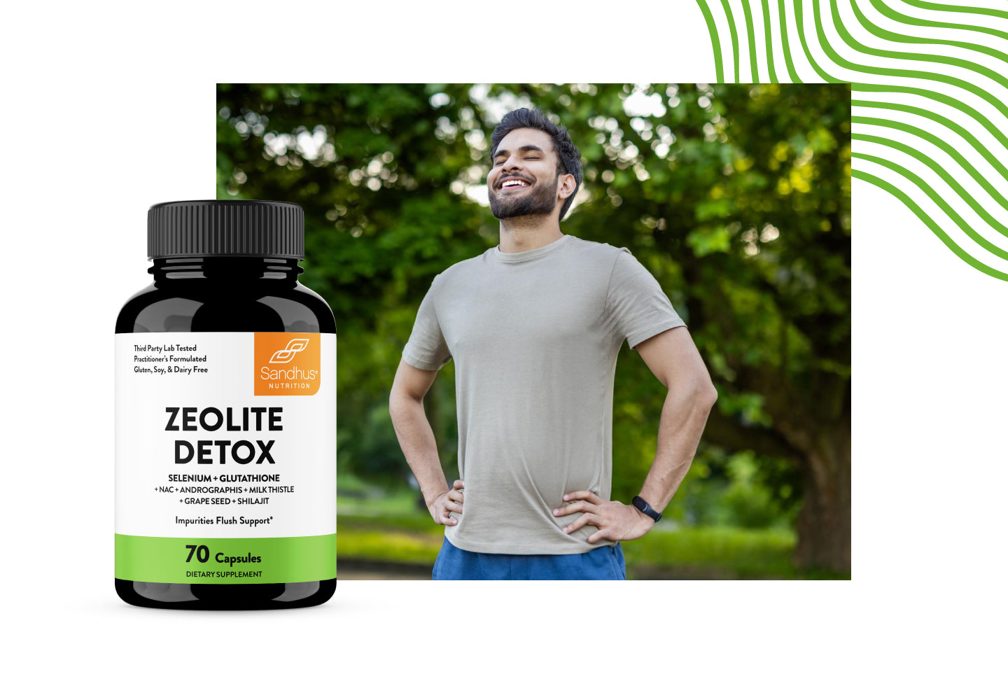 Zeolite Detox supplement bottle with a man standing outdoors in the background