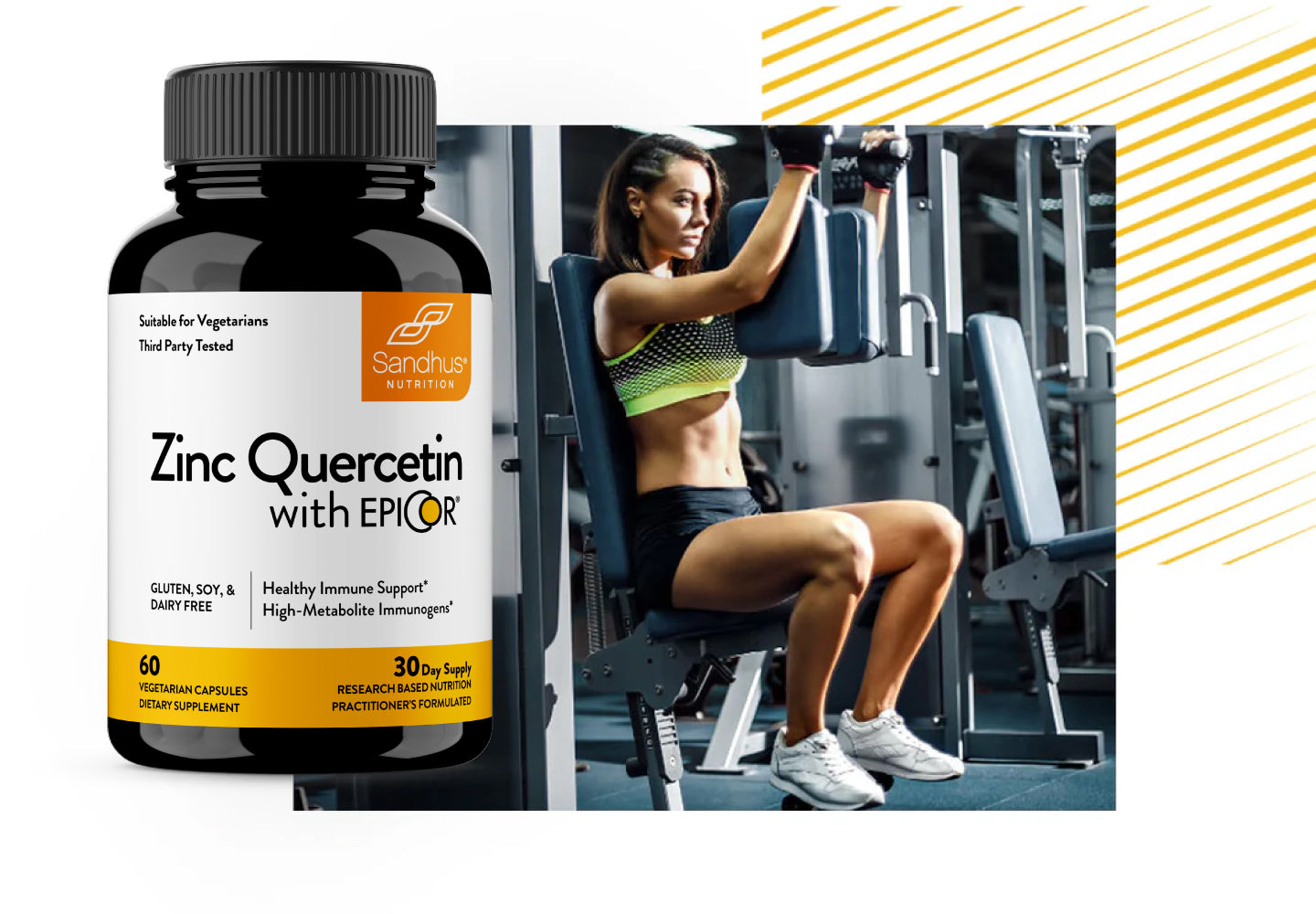 Supplement bottle labeled 'Zinc Quercetin with EPICOR' next to a woman exercising in a gym.