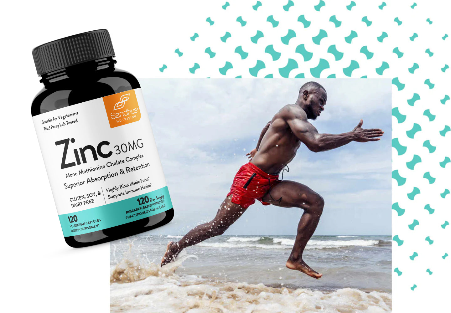 Supplement bottle labeled 'Zinc 30MG' with a person running on a beach.