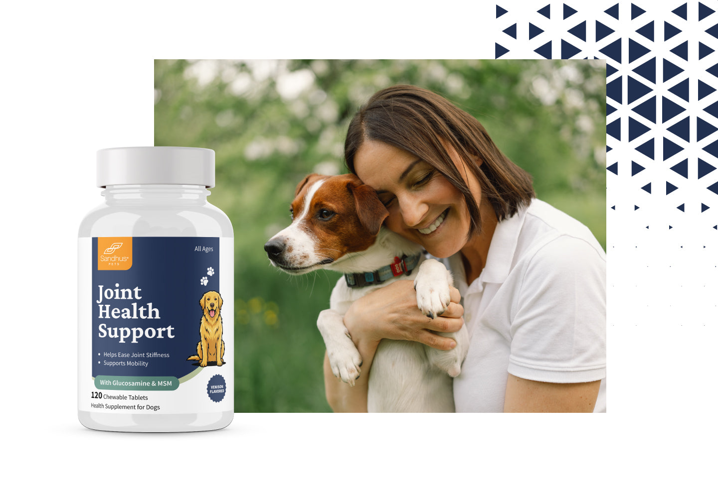 Bottle of 'Joint Health Support' for dogs with a woman holding a dog outdoors.