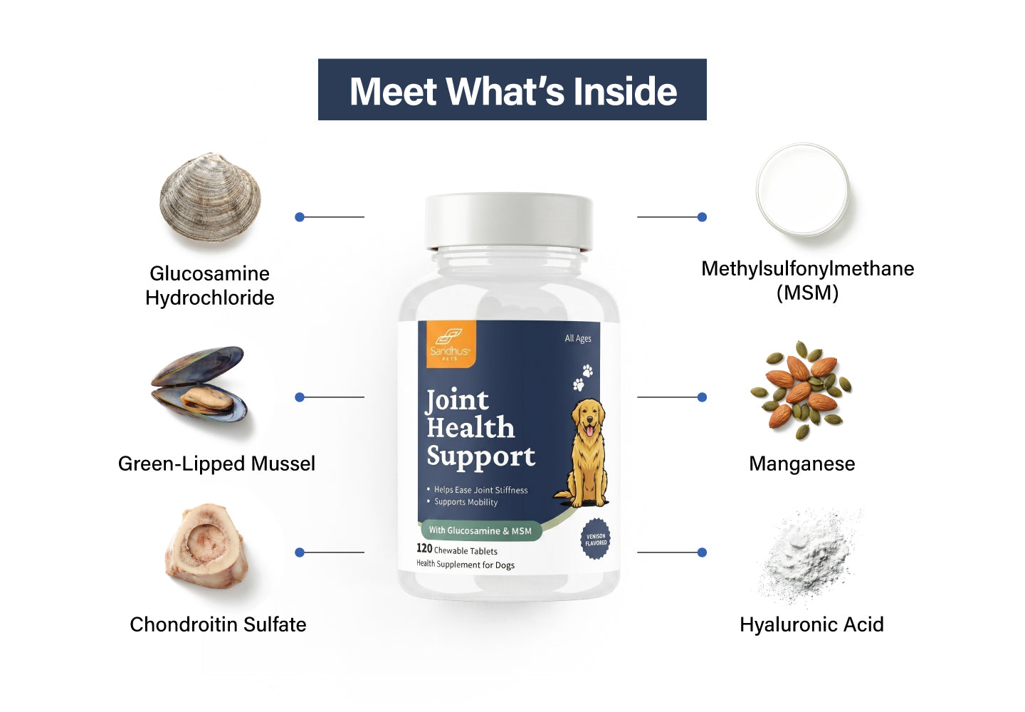 Dog joint health supplement bottle with ingredients listed on a white background
