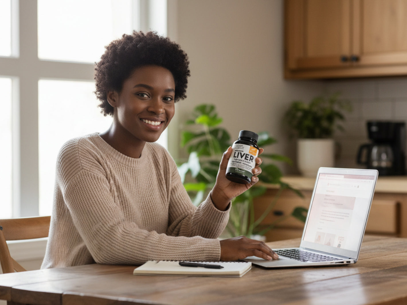 Smiling woman holding Sandhus Nutrition Liver supplement while working on laptop at home representing subscription convenience and wellness.