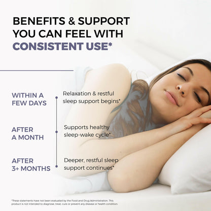 Peaceful woman sleeping with text about consistent use of Sleep supplement supporting rest, sleep cycle, and relaxation.