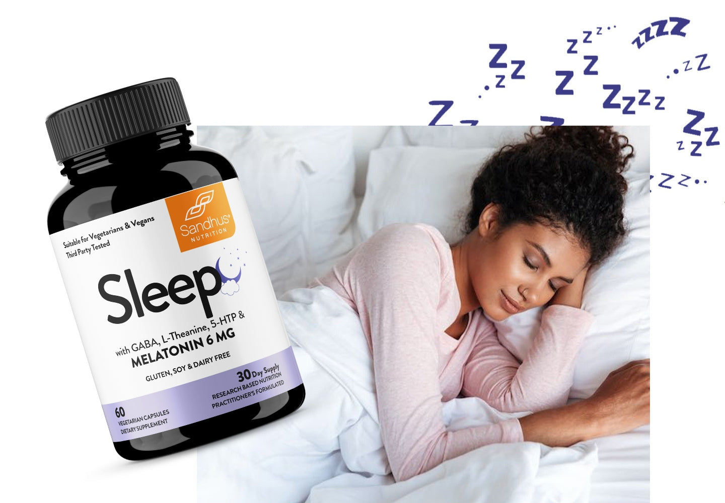 Sandhus Sleep supplement with melatonin and calming ingredients, shown beside a woman peacefully sleeping on a white bed, representing restful sleep and relaxation support.