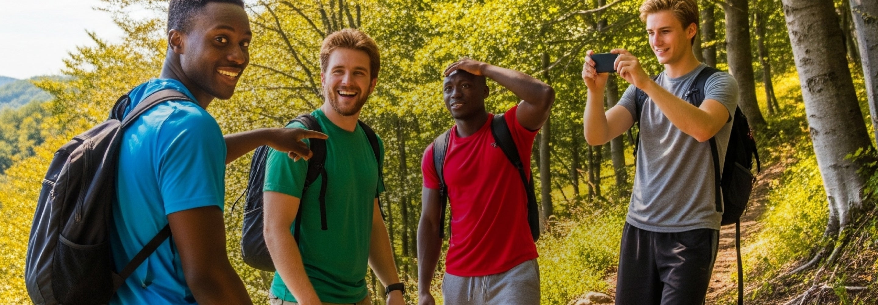Four friends on a hike in a forest, taking photos and enjoying nature.
