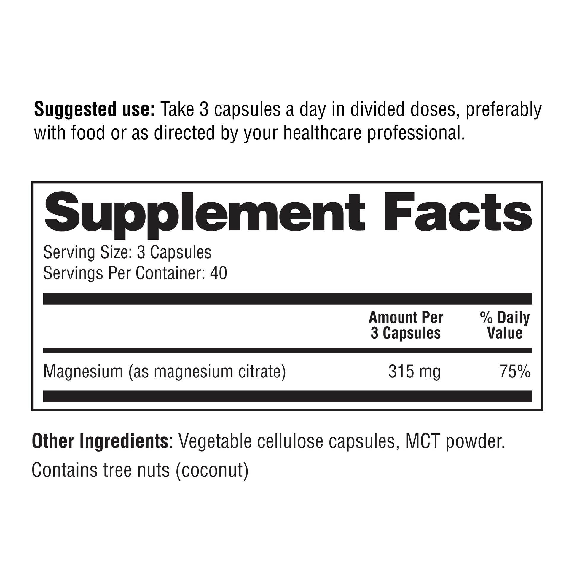 Supplement facts label with detailed nutritional information on a white background