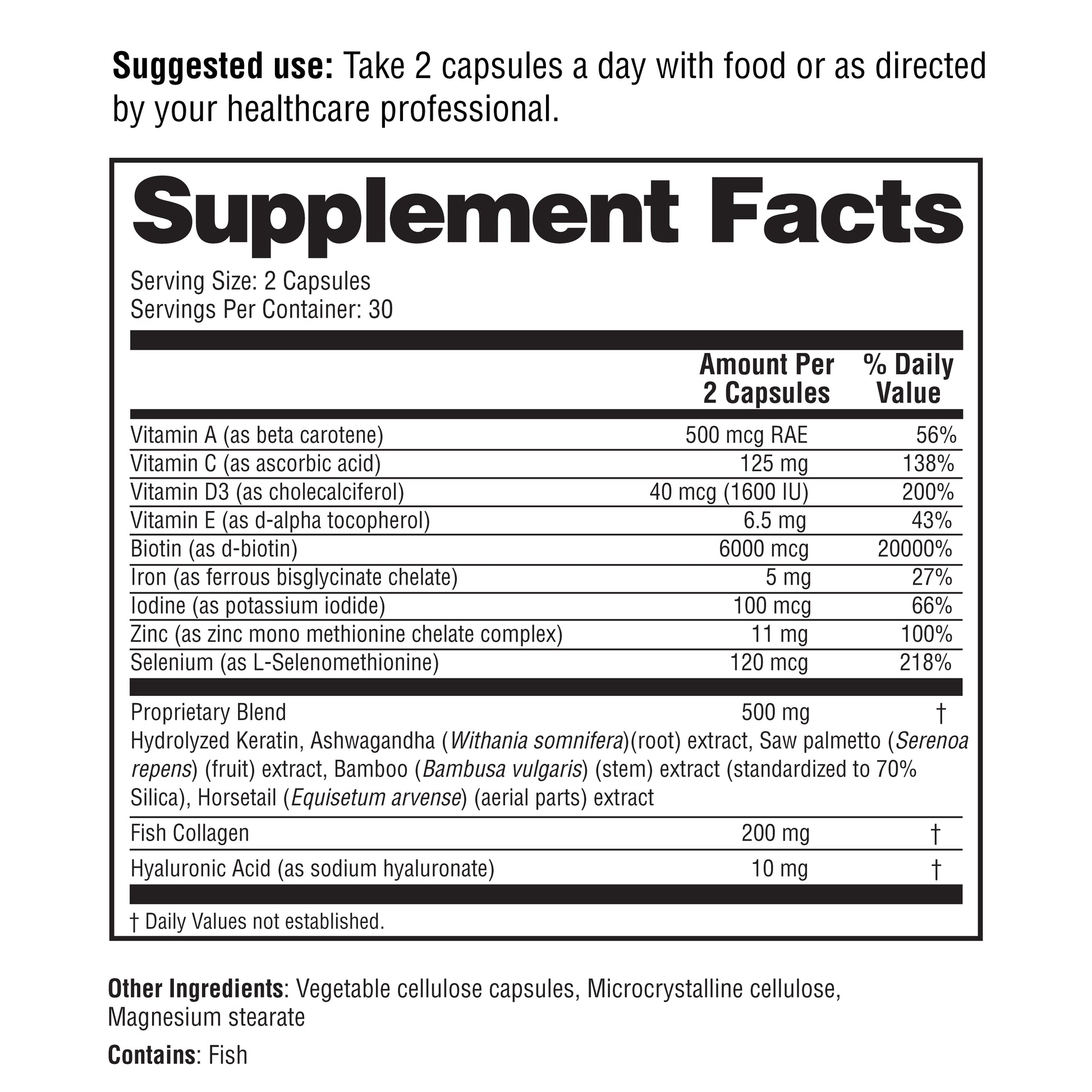 Supplement facts label with detailed nutritional information on a white background