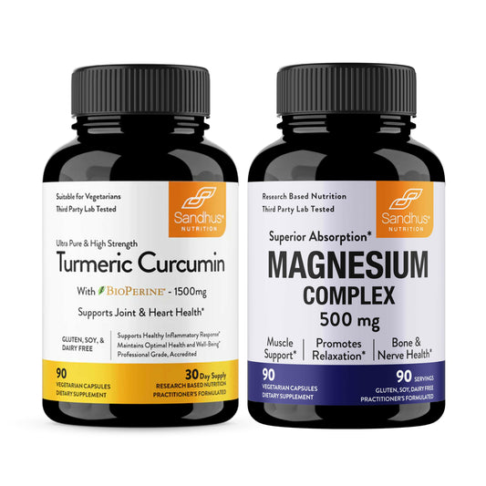 Two supplement bottles labeled 'Turmeric Curcumin' and 'Magnesium Complex' on a white background.