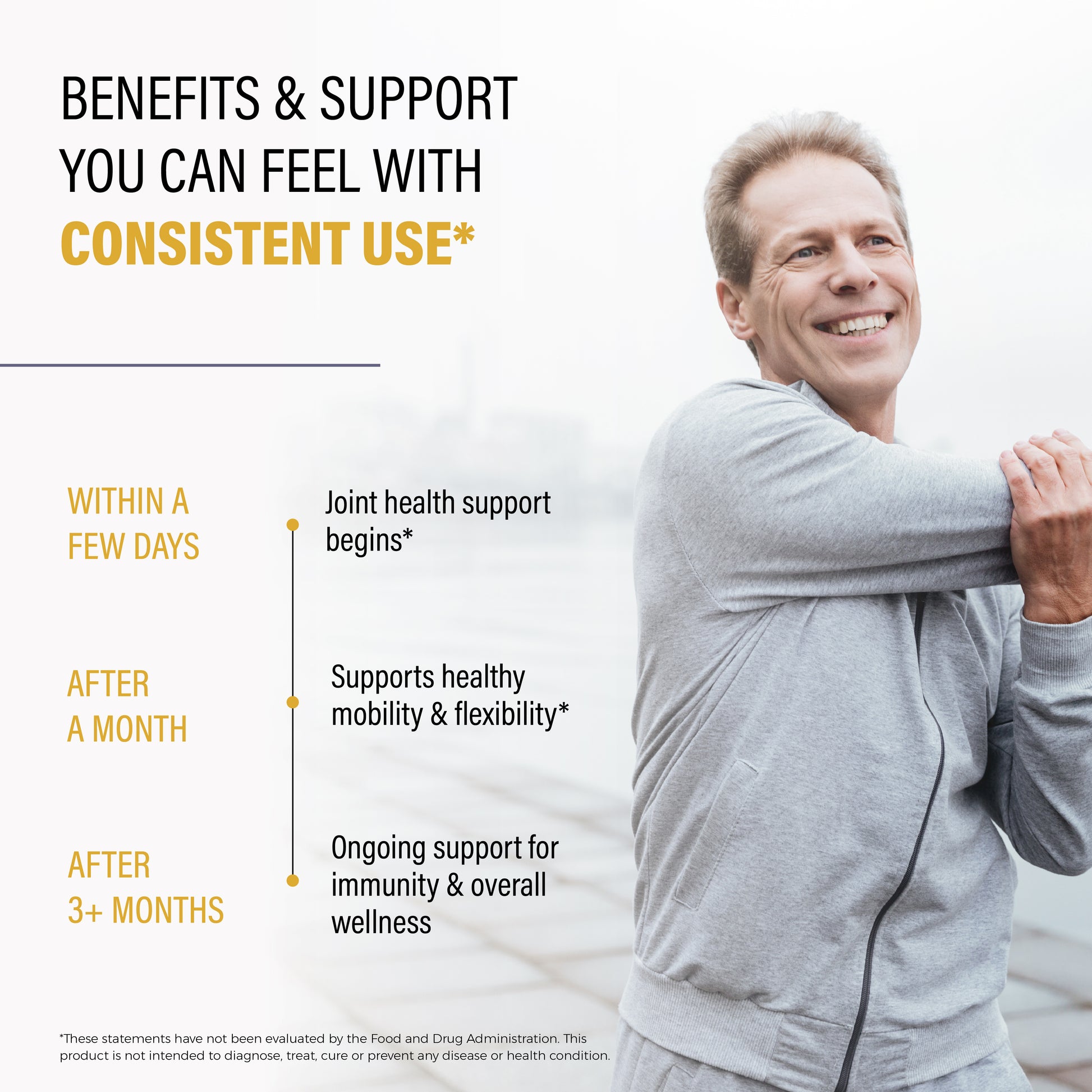 Smiling older man stretching beside infographic on supplement benefits. Timeline: joint support, mobility & flexibility, long-term immunity and wellness.