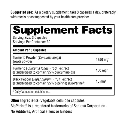 Supplement facts label for a dietary supplement with turmeric powder and black pepper extract.
