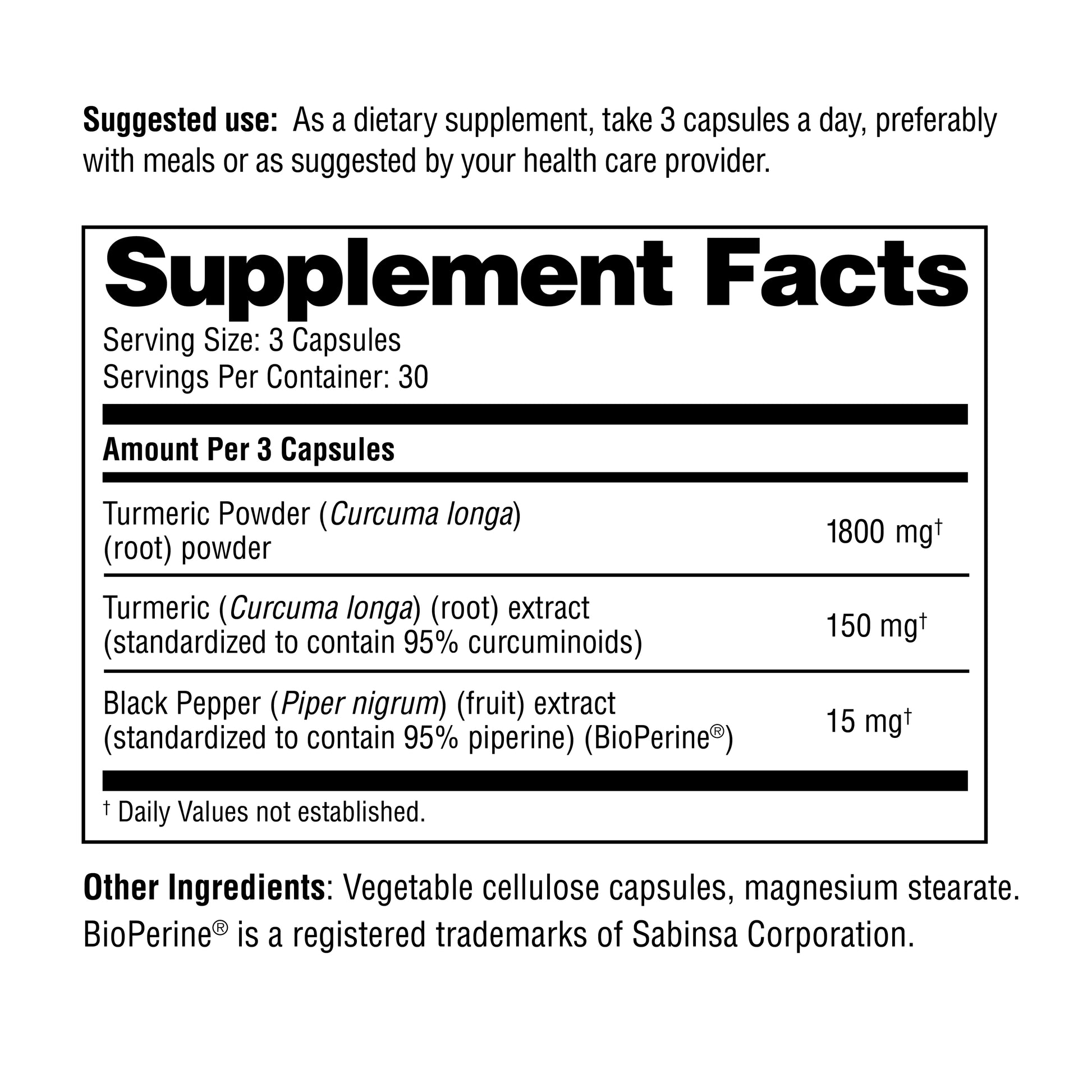 Supplement facts label for a dietary supplement with turmeric powder and black pepper extract.