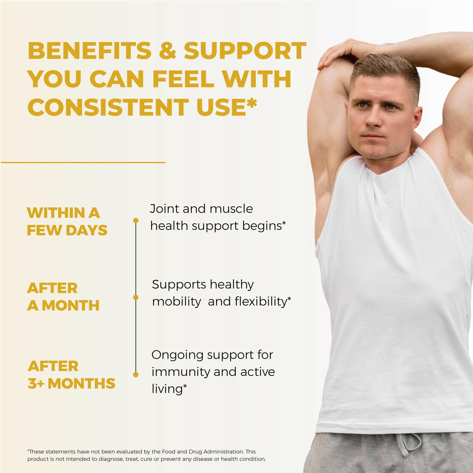 Fit man stretching arm; turmeric curcumin supports joint health, mobility, immunity, and active living with consistent use.