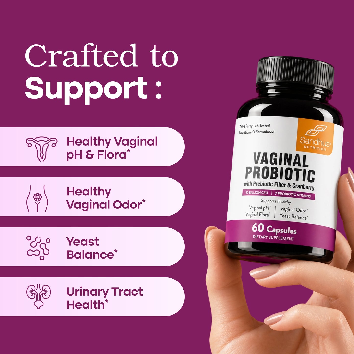 A hand holds a bottle of Sandhu's Vaginal Probiotic against a deep purple background with informational text and icons about healthy vaginal pH, odor, yeast balance, and urinary tract health.