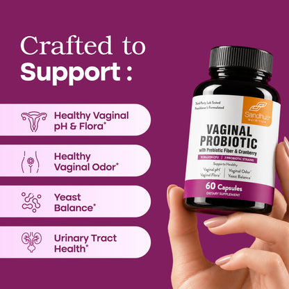 A hand holds a bottle of Sandhu's Vaginal Probiotic against a deep purple background with informational text and icons about healthy vaginal pH, odor, yeast balance, and urinary tract health.