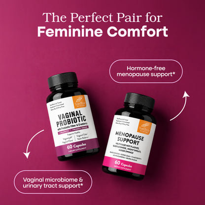 Two supplement bottles from Sandhus on a magenta background with marketing text. The bottles are labeled 'Vaginal Probiotic' and 'Menopause Support' and are shown as a pair for female comfort.