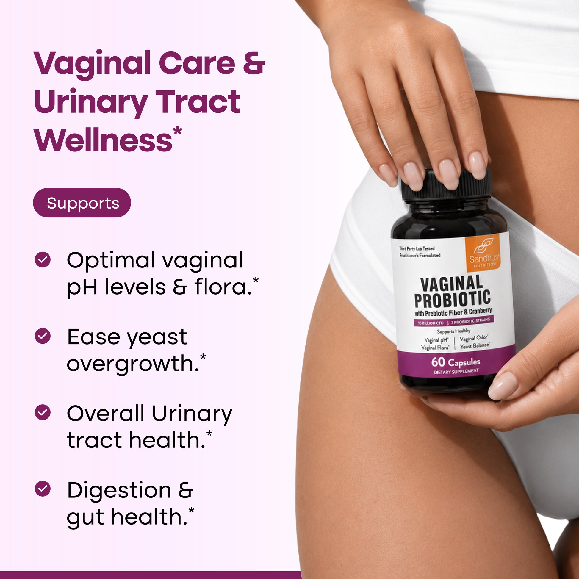 A woman in white underwear holds a bottle of vaginal probiotic capsules next to text highlighting benefits for vaginal and urinary tract wellness.