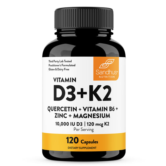 Supplement bottle labeled 'Vitamin D3+K2' with Sandhust Nutrition branding on a white background.
