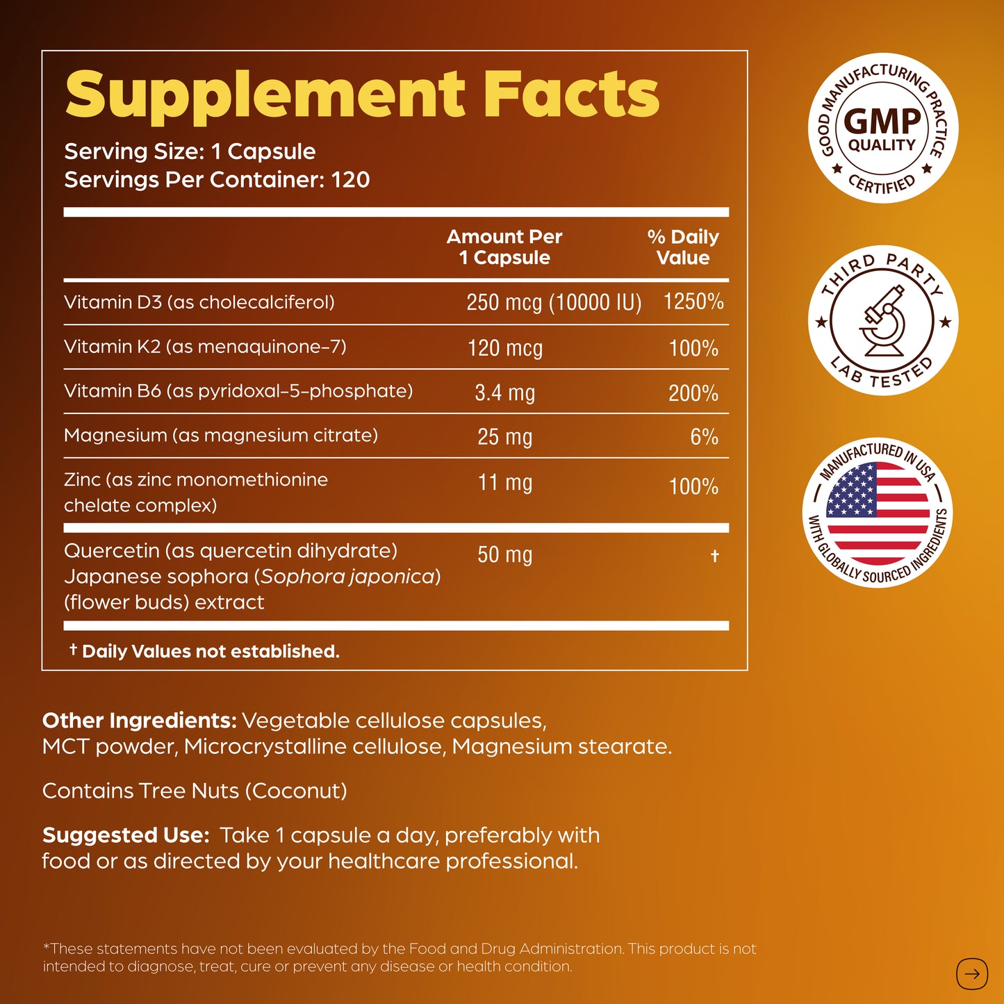 Supplement facts label with various vitamins and minerals on a brown background