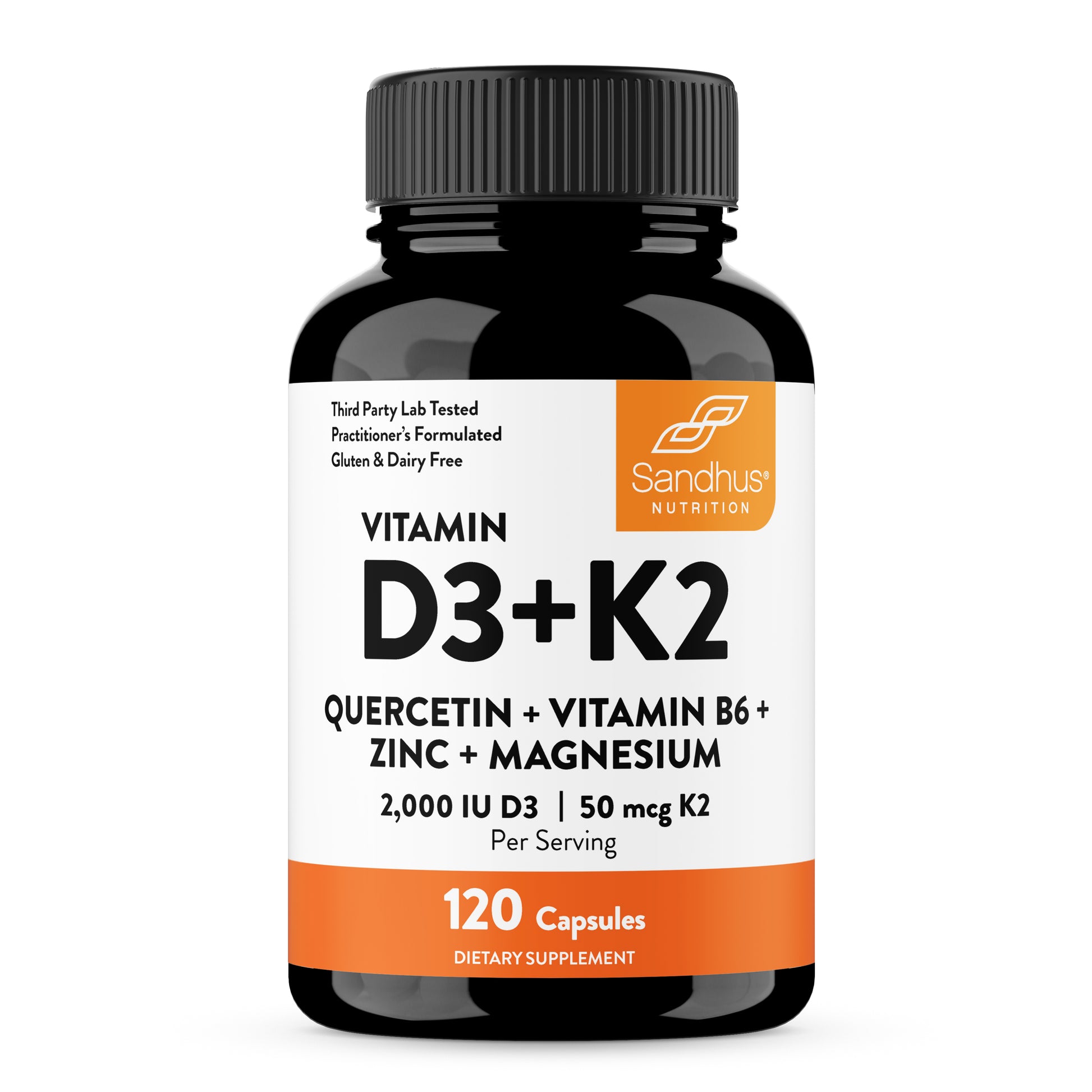 Supplement bottle labeled 'Vitamin D3+K2' with Sandhус Nutrition branding on a white background