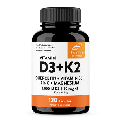 Supplement bottle labeled 'Vitamin D3+K2' with Sandhус Nutrition branding on a white background