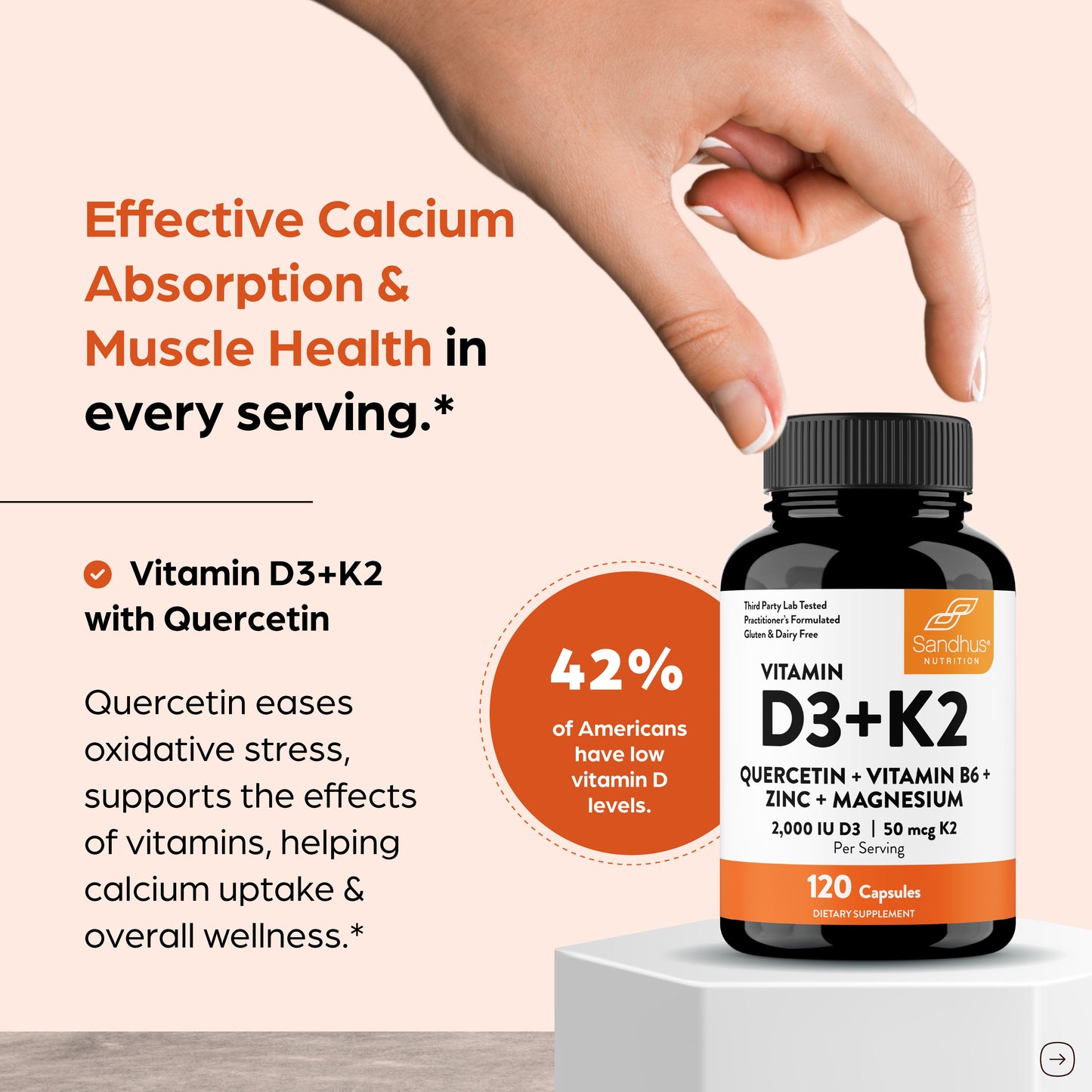 Bottle of Vitamin D3+K2 supplement with text about calcium absorption and muscle health on a beige background.