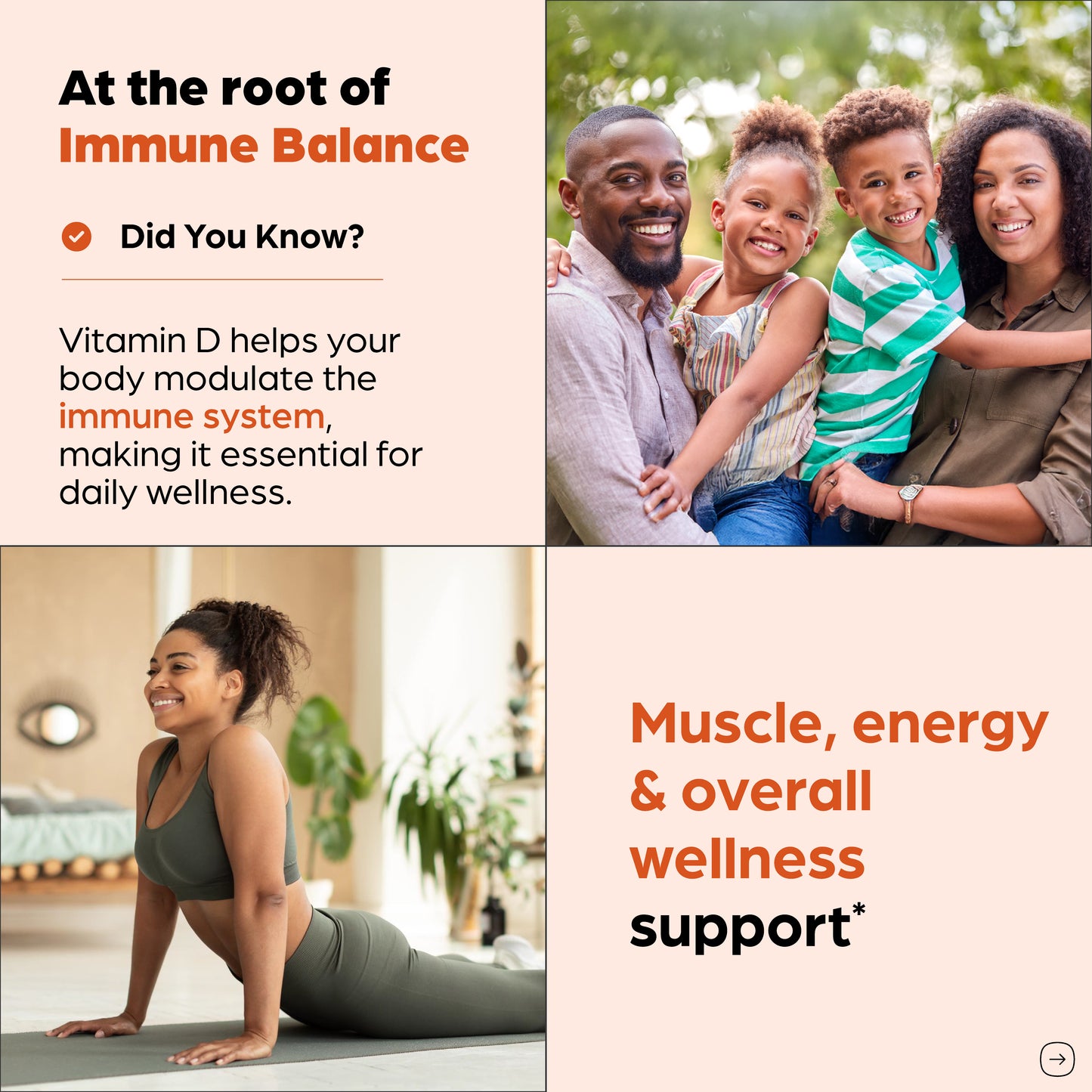 Advertisement about Vitamin D's role in immune balance and wellness, featuring a family and a woman exercising.