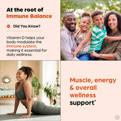 Advertisement about Vitamin D's role in immune balance and wellness, featuring a family and a woman exercising.