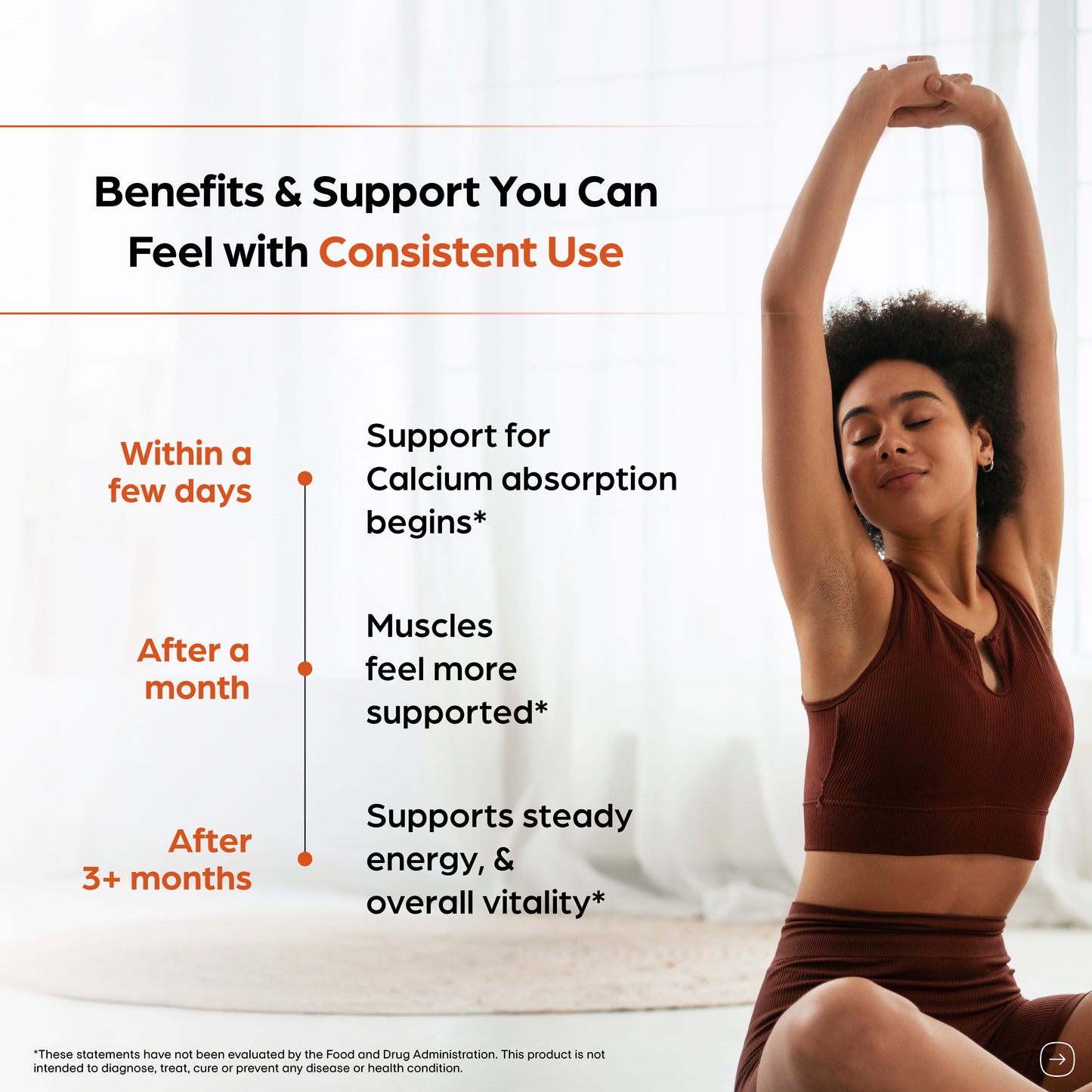 Woman in a brown sports bra and leggings stretching with text about product benefits on a white background