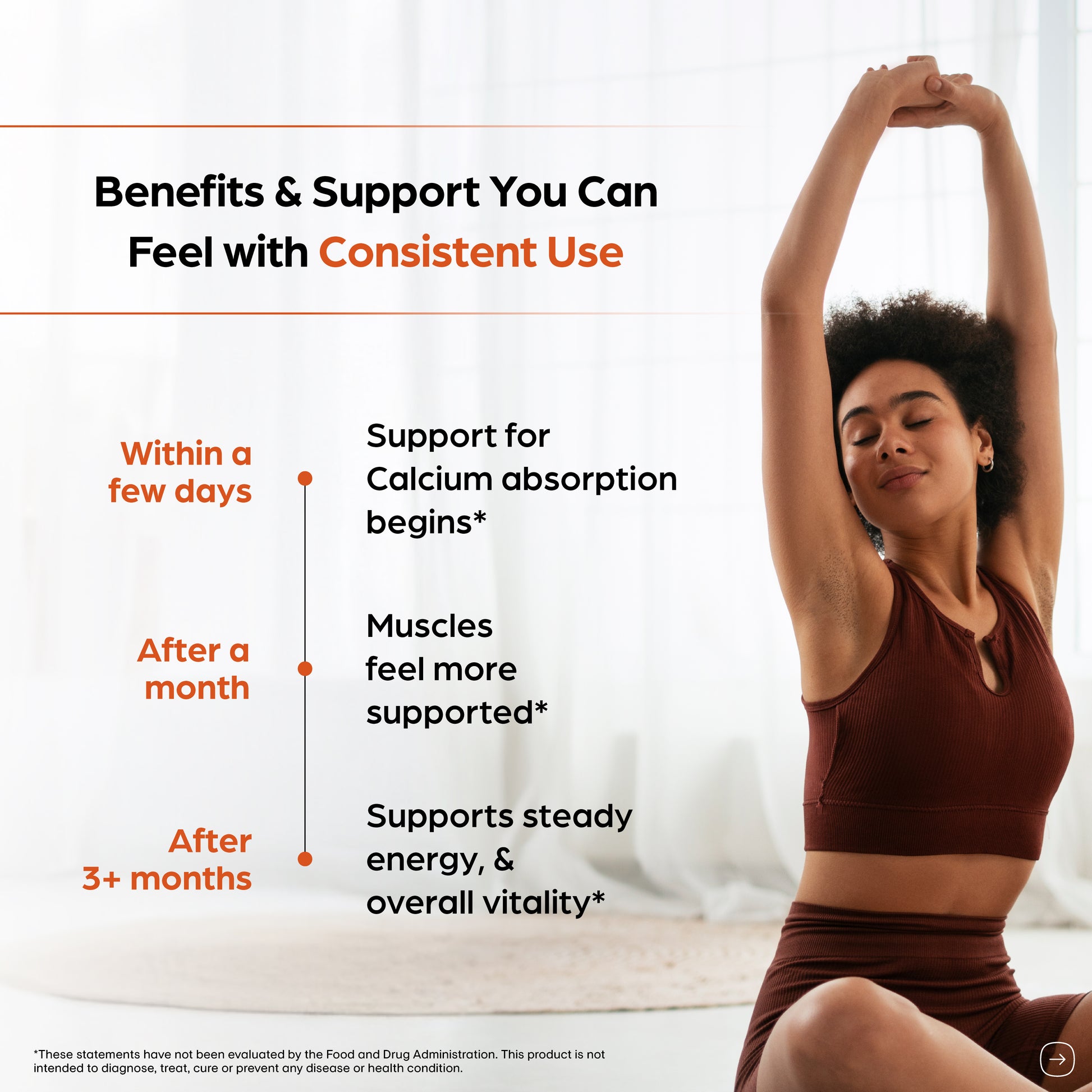 Woman in a brown sports bra and leggings stretching with text about product benefits on a white background