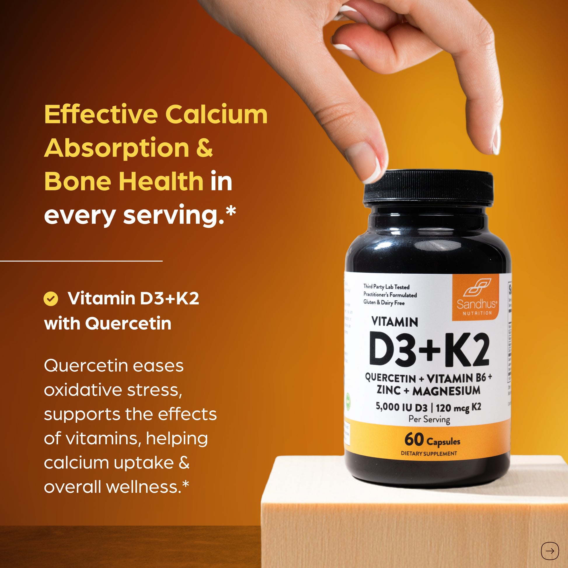 Vitamin D3 K2 with quercetin and minerals supports calcium absorption, bone strength, muscle health, and overall wellness.