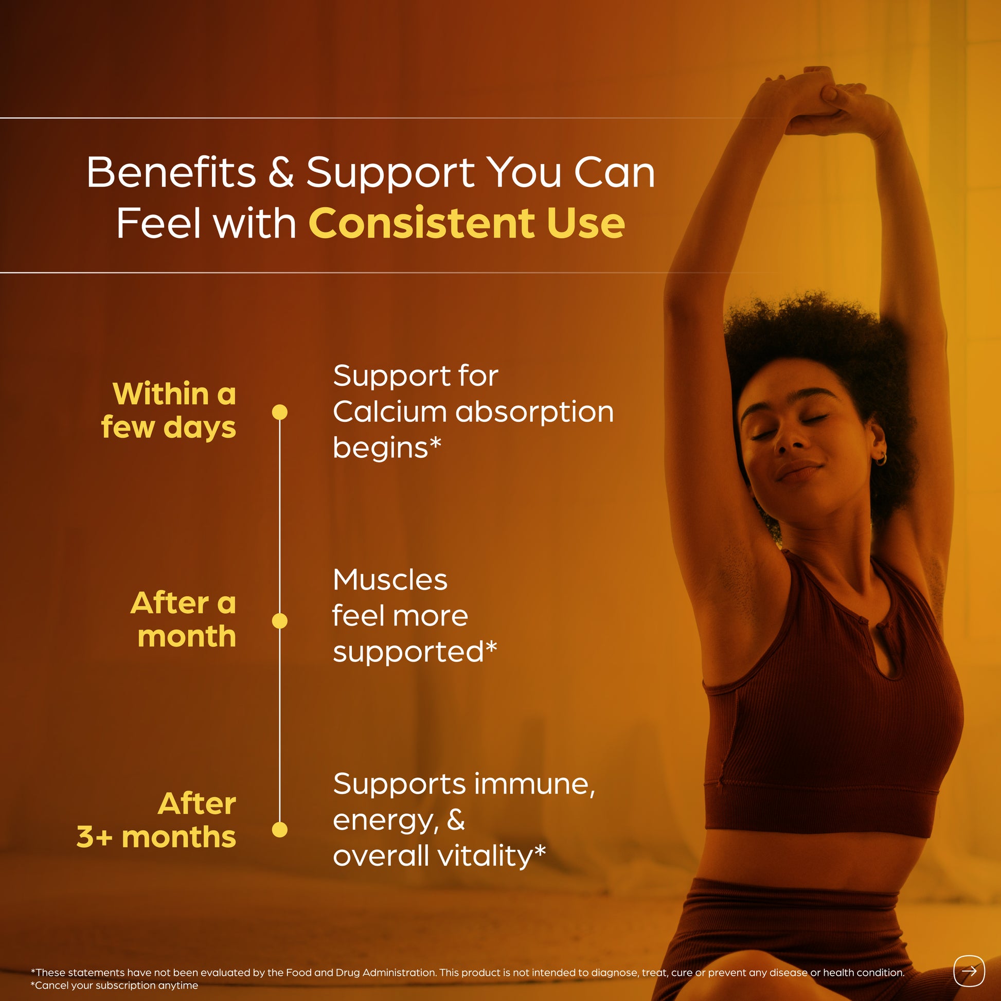 With consistent use, Vitamin D3 K2 supports calcium absorption, muscle strength, immune balance, and steady energy over time.