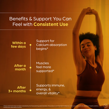 With consistent use, Vitamin D3 K2 supports calcium absorption, muscle strength, immune balance, and steady energy over time.